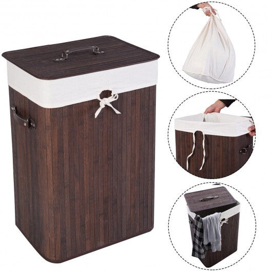 Rectangle Bamboo Hamper Laundry Basket Washing Cloth Bin Storage Bag Lid 3 color-Black W2B