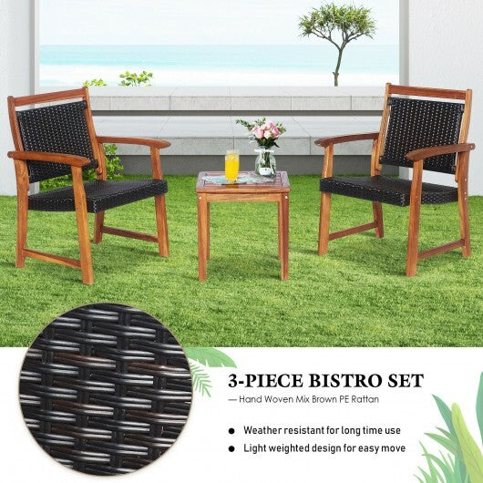 3 Pieces Rattan Bistro Set with Acacia Wood Frame for Garden