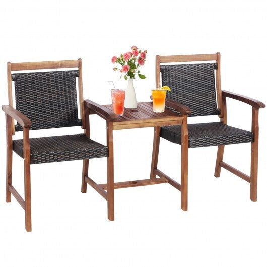 2-Seat Patio Rattan Acacia Wood Chair with Coffee Table W2B