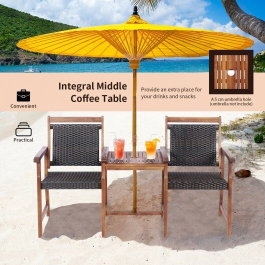 2-Seat Patio Rattan Acacia Wood Chair with Coffee Table W2B