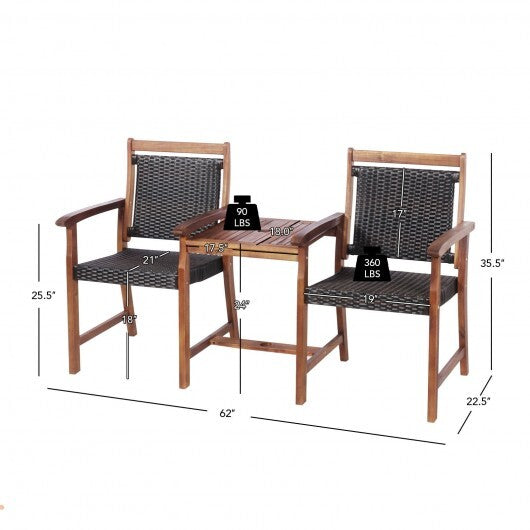 2-Seat Patio Rattan Acacia Wood Chair with Coffee Table W2B