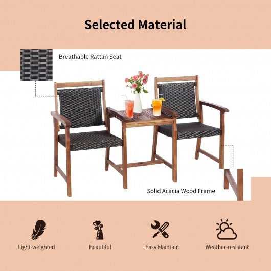 2-Seat Patio Rattan Acacia Wood Chair with Coffee Table W2B