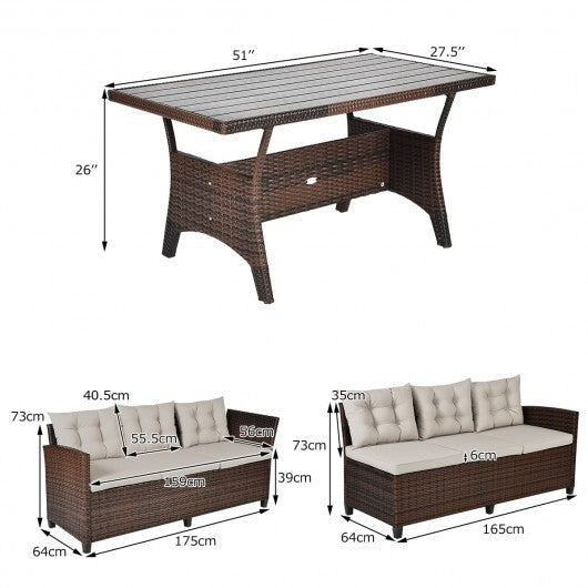 3 Pieces Hand-Woven Rattan Outdoor Sofa Set with Dining Table W2B