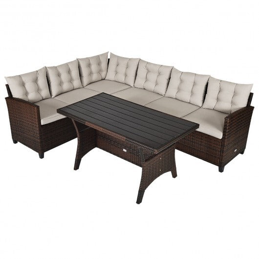 3 Pieces Hand-Woven Rattan Outdoor Sofa Set with Dining Table W2B