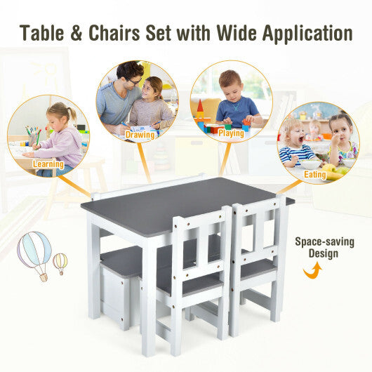 4 Pieces Kids Wooden Activity Table and Chairs Set with Storage Bench and Study Desk-Natural W2B