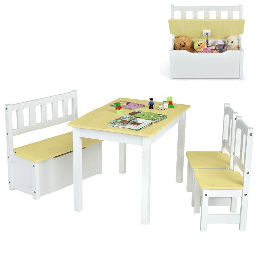 4 Pieces Kids Wooden Activity Table and Chairs Set with Storage Bench and Study Desk-Natural W2B