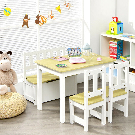 4 Pieces Kids Wooden Activity Table and Chairs Set with Storage Bench and Study Desk-Natural W2B