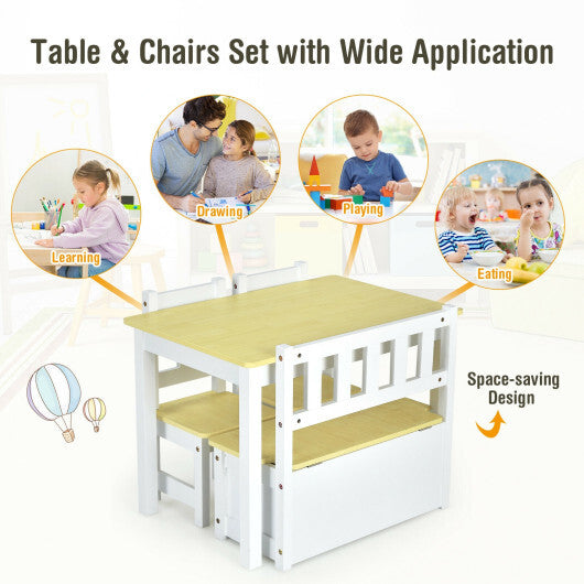 4 Pieces Kids Wooden Activity Table and Chairs Set with Storage Bench and Study Desk-Natural W2B