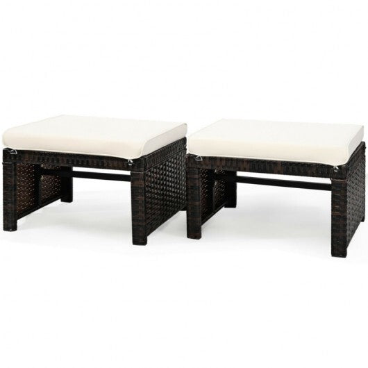 2 Pieces Patio Rattan Ottomans with Soft Cushion for Patio and Garden-Red W2B