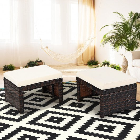 2 Pieces Patio Rattan Ottomans with Soft Cushion for Patio and Garden-Red W2B