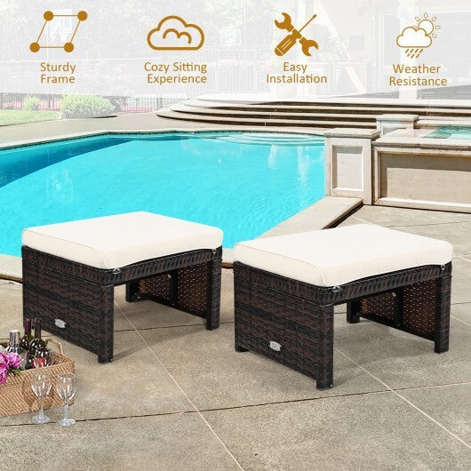 2 Pieces Patio Rattan Ottomans with Soft Cushion for Patio and Garden-Red W2B