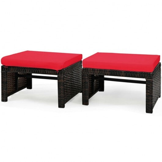 2 Pieces Patio Rattan Ottomans with Soft Cushion for Patio and Garden-Red W2B
