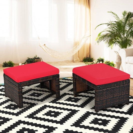 2 Pieces Patio Rattan Ottomans with Soft Cushion for Patio and Garden-Red W2B