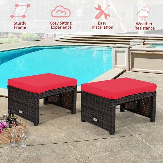 2 Pieces Patio Rattan Ottomans with Soft Cushion for Patio and Garden-Red W2B