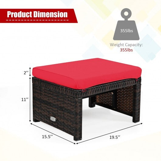 2 Pieces Patio Rattan Ottomans with Soft Cushion for Patio and Garden-Red W2B