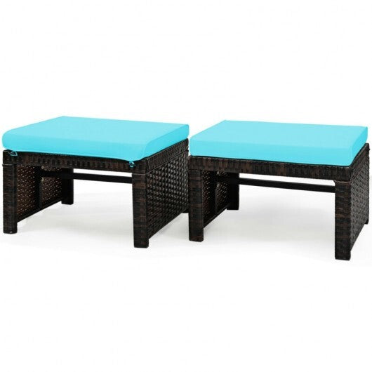 2 Pieces Patio Rattan Ottomans with Soft Cushion for Patio and Garden-Red W2B
