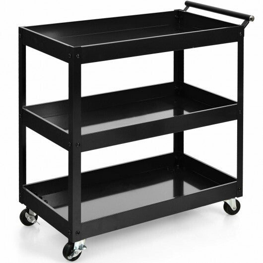 3-Tier Utility Cart Rolling Metal Cart with Handle and Universal Wheels-Black W2B