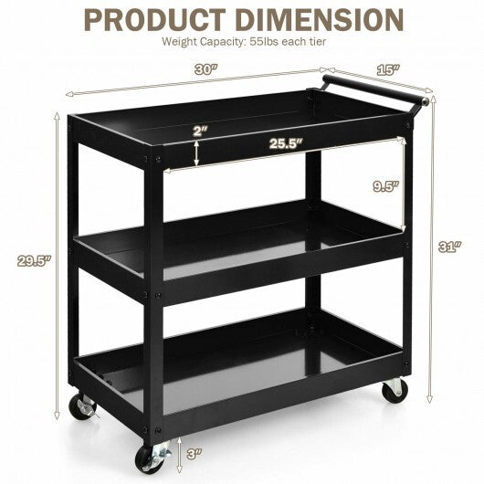 3-Tier Utility Cart Rolling Metal Cart with Handle and Universal Wheels-Black W2B