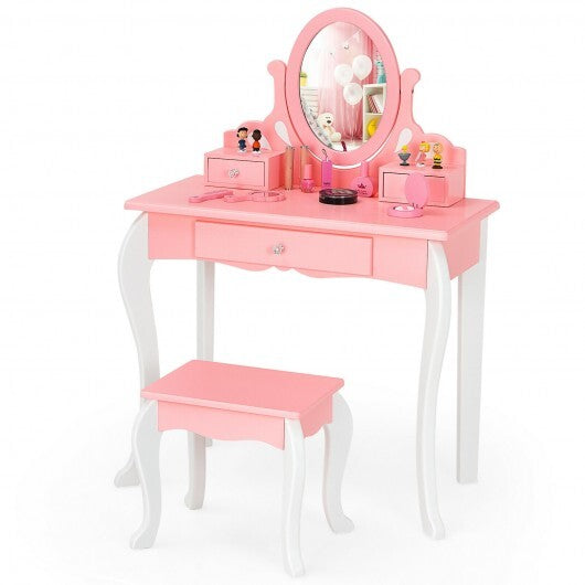 Kids Vanity Princess Makeup Dressing Table Stool Set with Mirror and Drawer-Pink W2B
