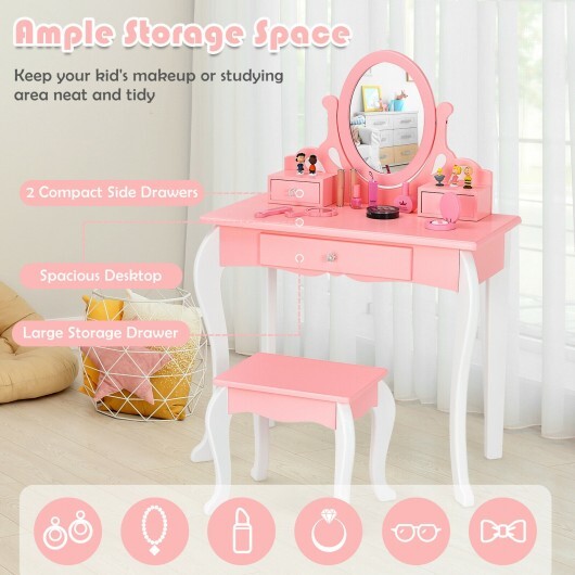 Kids Vanity Princess Makeup Dressing Table Stool Set with Mirror and Drawer-Pink W2B