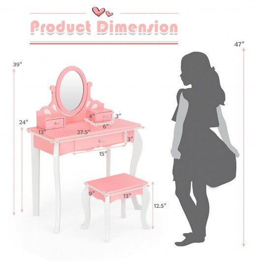Kids Vanity Princess Makeup Dressing Table Stool Set with Mirror and Drawer-Pink W2B