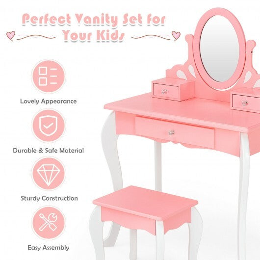 Kids Vanity Princess Makeup Dressing Table Stool Set with Mirror and Drawer-Pink W2B