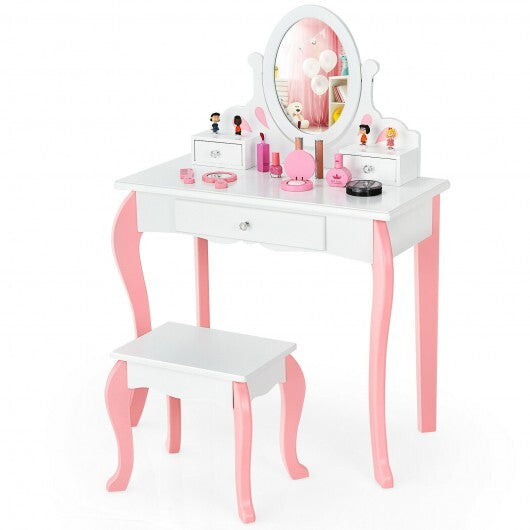 Kids Vanity Princess Makeup Dressing Table Stool Set with Mirror and Drawer-Pink W2B