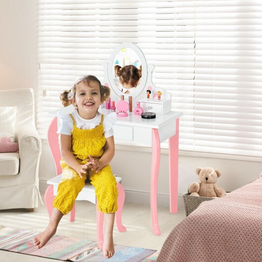 Kids Vanity Princess Makeup Dressing Table Stool Set with Mirror and Drawer-Pink W2B