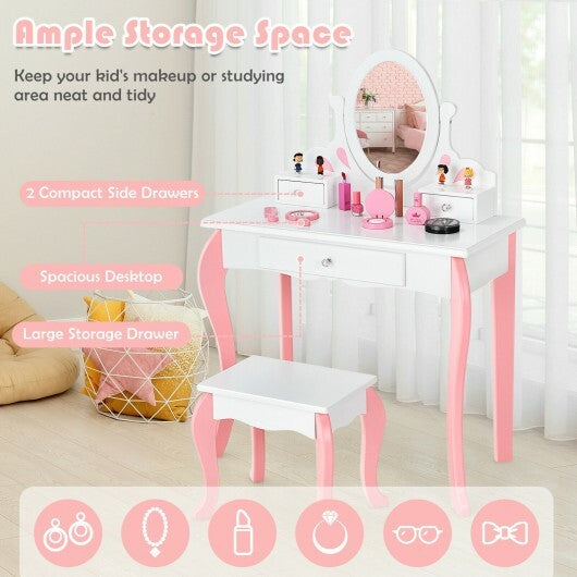 Kids Vanity Princess Makeup Dressing Table Stool Set with Mirror and Drawer-Pink W2B