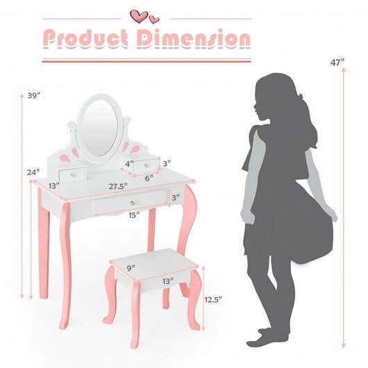 Kids Vanity Princess Makeup Dressing Table Stool Set with Mirror and Drawer-Pink W2B