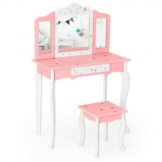 Kids Princess Vanity Table and Stool Set with Tri-folding Mirror and Drawer-Pink W2B