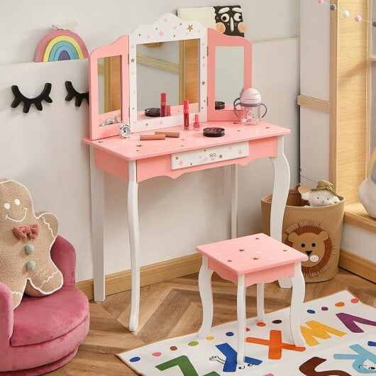 Kids Princess Vanity Table and Stool Set with Tri-folding Mirror and Drawer-Pink W2B