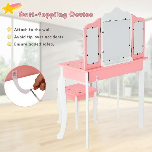 Kids Princess Vanity Table and Stool Set with Tri-folding Mirror and Drawer-Pink W2B