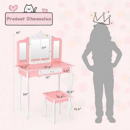 Kids Princess Vanity Table and Stool Set with Tri-folding Mirror and Drawer-Pink W2B