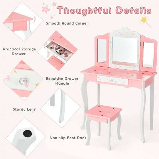Kids Princess Vanity Table and Stool Set with Tri-folding Mirror and Drawer-Pink W2B