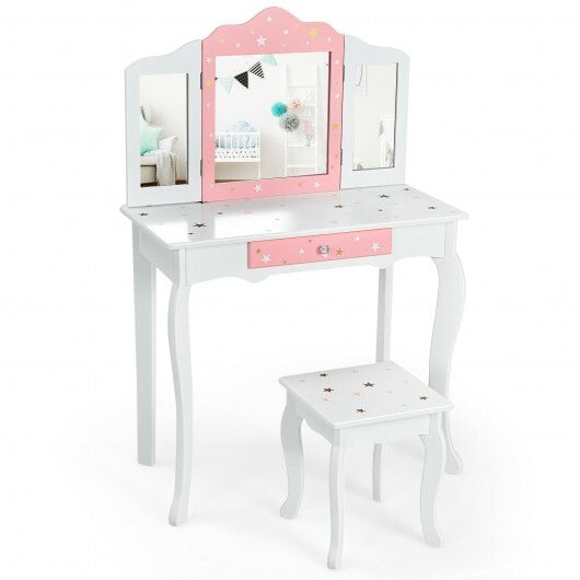 Kids Princess Vanity Table and Stool Set with Tri-folding Mirror and Drawer-Pink W2B