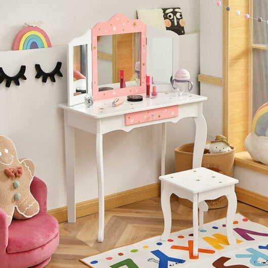 Kids Princess Vanity Table and Stool Set with Tri-folding Mirror and Drawer-Pink W2B