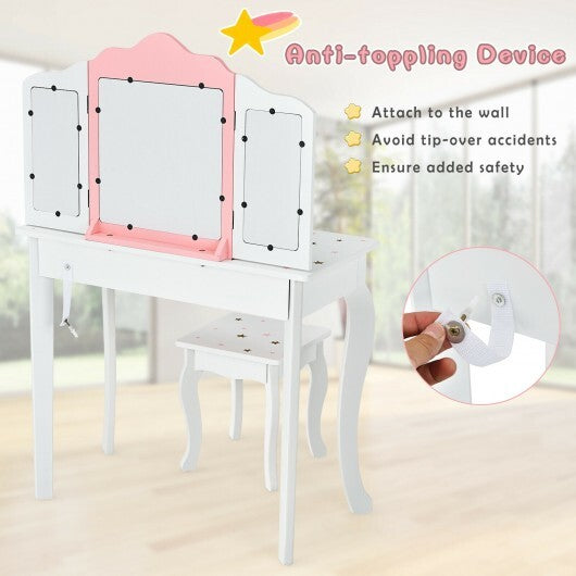 Kids Princess Vanity Table and Stool Set with Tri-folding Mirror and Drawer-Pink W2B