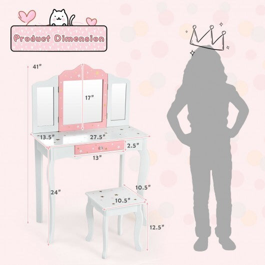 Kids Princess Vanity Table and Stool Set with Tri-folding Mirror and Drawer-Pink W2B