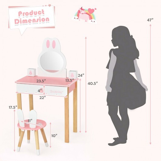Kids Vanity Set Rabbit Makeup Dressing Table Chair Set with Mirror and Drawer-Pink