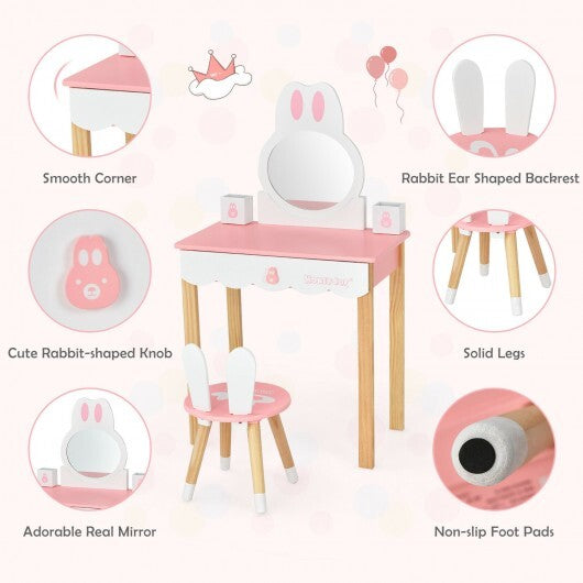 Kids Vanity Set Rabbit Makeup Dressing Table Chair Set with Mirror and Drawer-Pink