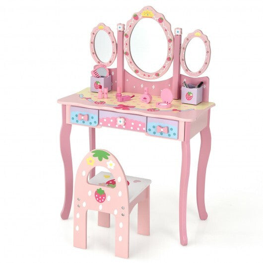 Kids Vanity Princess Makeup Dressing Table Chair Set with Tri-fold Mirror-White W2B