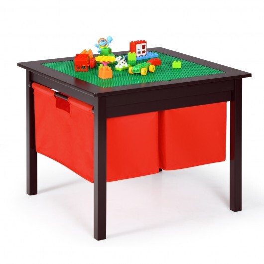2-in-1 Kids Activity Table and 2 Chairs Set with Storage Building Block Table-Espresso W2B
