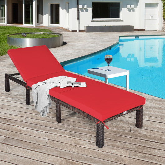 Outdoor Rattan Adjustable Cushioned Chaise-Red W2B