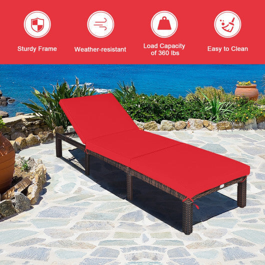 Outdoor Rattan Adjustable Cushioned Chaise-Red W2B