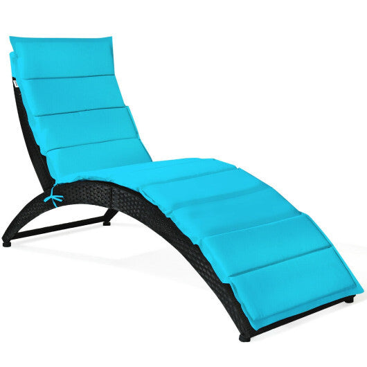 Folding Patio Rattan Portable Lounge Chair Chaise with Cushion-Turquoise W2B