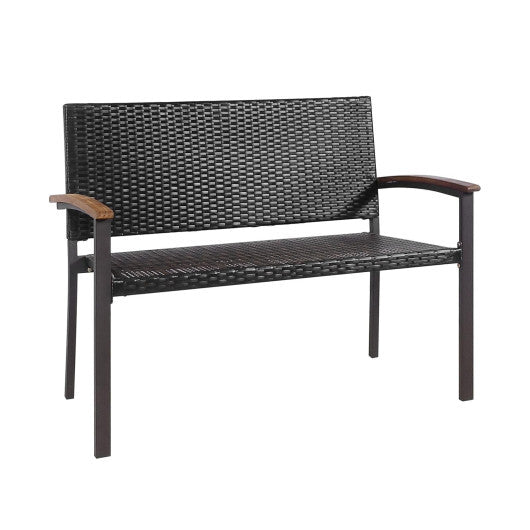 Outdoor Patio Rattan Wicker Bench with Armrest for Garden - Color: Black W2B