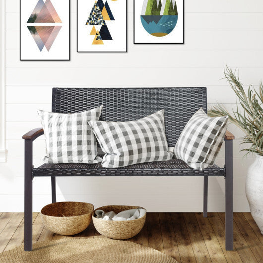 Outdoor Patio Rattan Wicker Bench with Armrest for Garden - Color: Black W2B