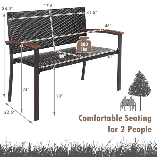 Outdoor Patio Rattan Wicker Bench with Armrest for Garden - Color: Black W2B