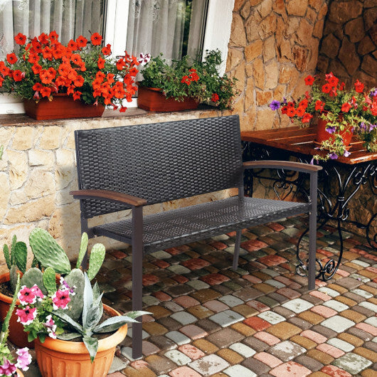 Outdoor Patio Rattan Wicker Bench with Armrest for Garden - Color: Black W2B
